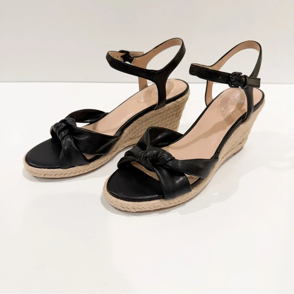 Bandolino Justyne Espadrille Wedge Sandal Knot Ankle Strap Jute Heel Black 5 NEW